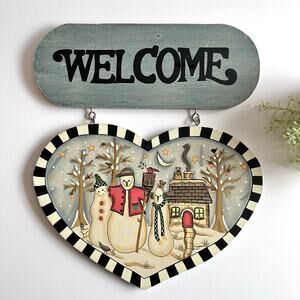 VTG Hand Painted Wooden Welcome Sign Snowmen Heart Checkerboard Country Grandma